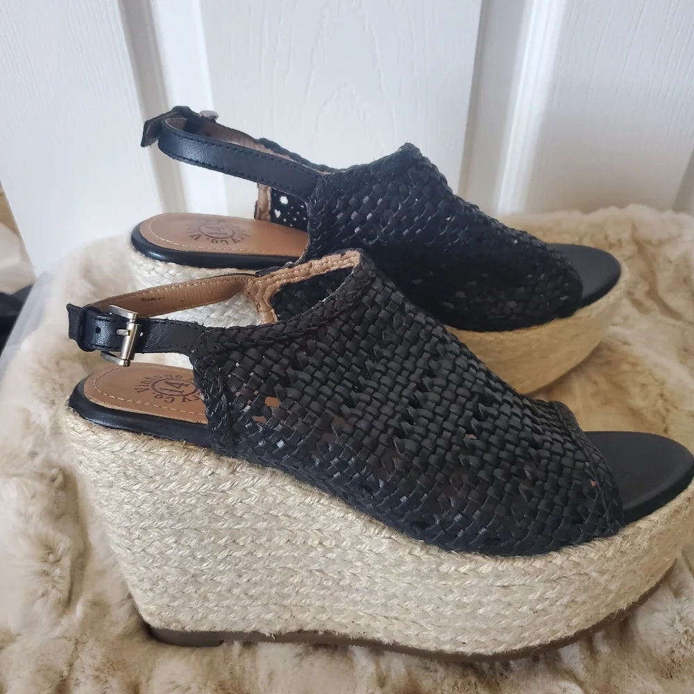 Black Leather Peep Toe Wedge Espadrilles